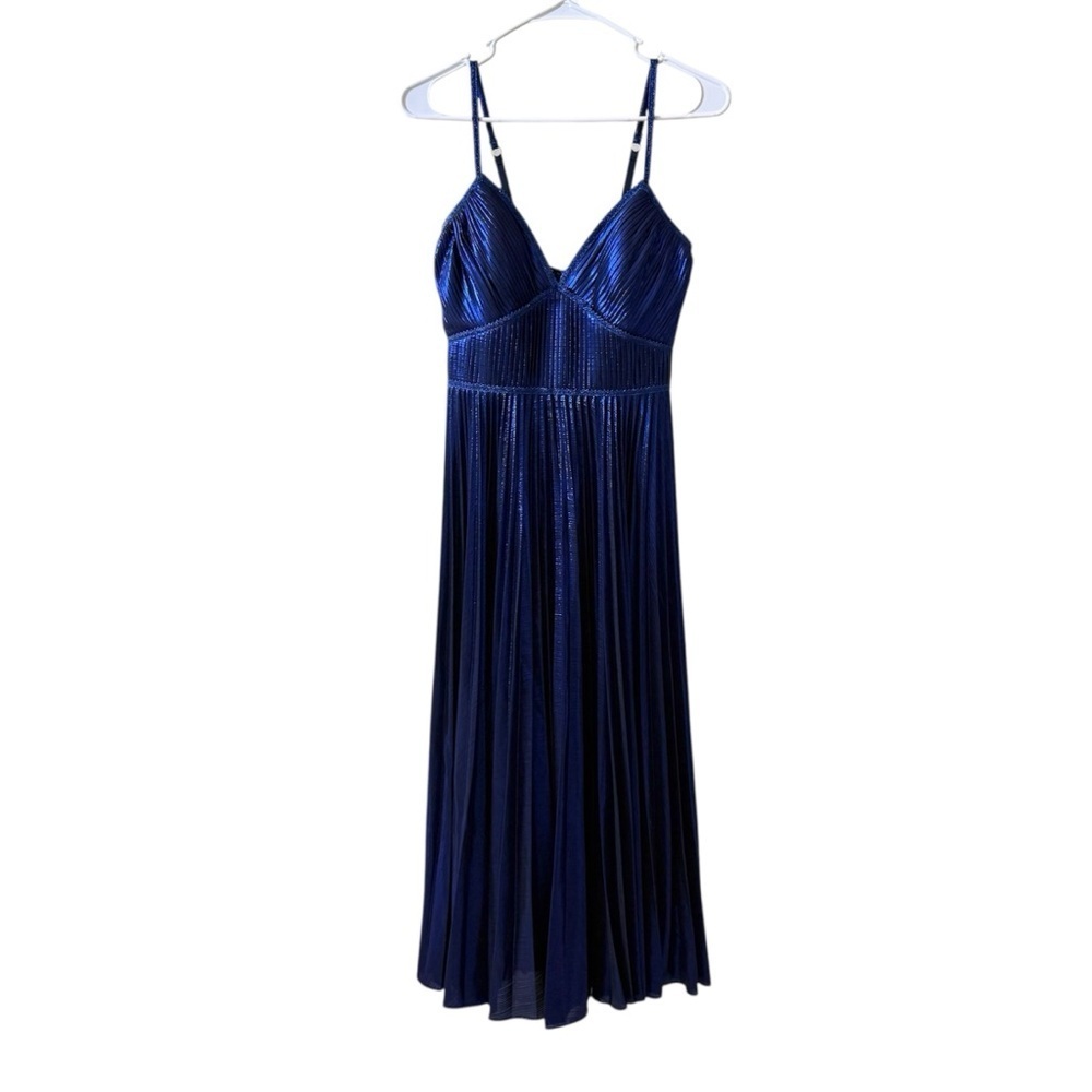 MARCHESA NOTTE Pleated Metallic Midi Dress Blue Sz 4 - Picture 2 of 7